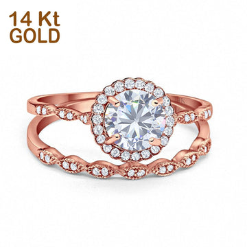 14K Rose Gold Two Piece Halo Engagement Ring Round Simulated Cubic Zirconia Size-7